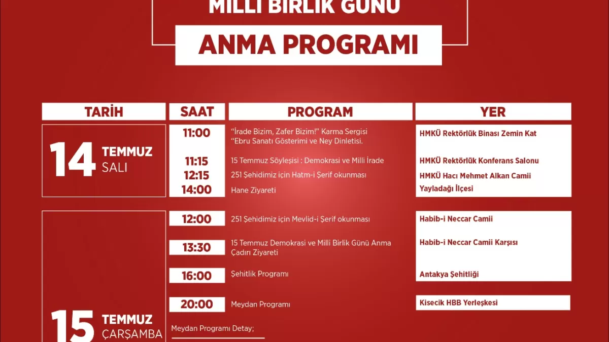 Hatay'da 15 Temmuz etkinlikleri iki gün sürecek